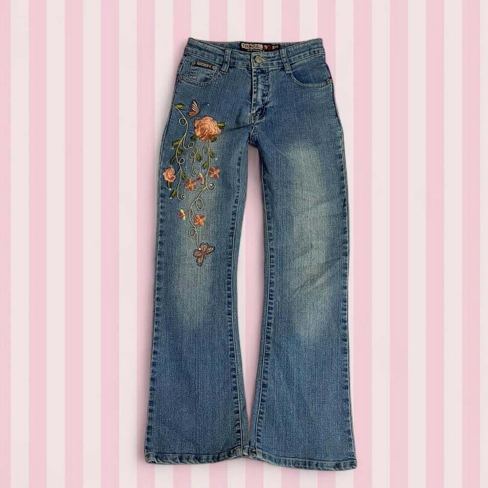 Teenfull Embroidered Floral Butterfly Flare Jeans Size 26